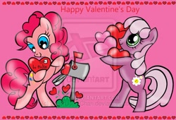 Size: 600x407 | Tagged: safe, artist:sailorusagichan, cheerilee, pinkie pie, earth pony, pony, duo, female, mare, watermark