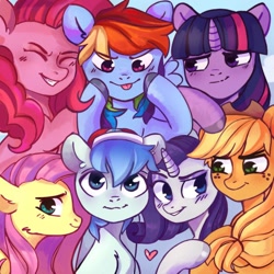 Size: 960x960 | Tagged: safe, artist:trishalr, derpibooru import, applejack, fluttershy, pinkie pie, rainbow dash, rarity, twilight sparkle, oc, earth pony, pegasus, pony, unicorn, :p, blue background, commission, digital art, eyes closed, female, freckles, group, group photo, male, mare, silly, simple background, smiling, stallion, tongue out, ych result