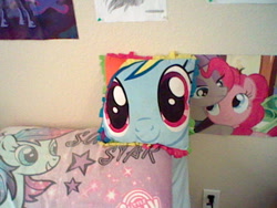 Size: 640x480 | Tagged: safe, derpibooru import, rainbow dash, pegasus, pony, bigface, blue coat, female, mare, multicolored mane, pillow