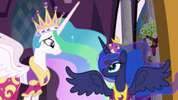 Size: 1280x720 | Tagged: safe, screencap, princess celestia, princess luna, alicorn, pony, magical mystery cure, clothes, coronation dress, crown, dress, duo, female, flowing mane, jewelry, regalia, siblings, sisters, smiling, wings