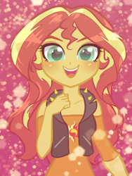 Size: 600x800 | Tagged: safe, artist:rileyav, sunset shimmer, better together, equestria girls, clothes, cute, female, looking at you, off shoulder, shimmerbetes, shirt, smiling, solo, vest