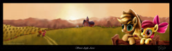 Size: 2161x648 | Tagged: safe, artist:reillyington86, apple bloom, applejack, big macintosh, earth pony, pony, fence, grin, leaning, looking at you, male, orchard, scenery, smiling, stallion, sunset, sweet apple acres