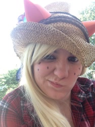 Size: 768x1024 | Tagged: safe, artist:pixelvixens, applejack, human, clothes, cosplay, flannel, freckles, hat, irl, irl human, my little porny, photo, pixel vixens, selfie, solo, wig