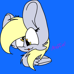 Size: 1024x1024 | Tagged: safe, artist:circuspaparazzi5678, derpy hooves, pegasus, pony, blue background, bust, cute, derpabetes, female, mare, simple background, solo, tongue out