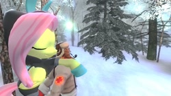 Size: 1024x578 | Tagged: safe, fluttershy, pegasus, pony, 3d, crossover, gmod, medic, snow, team fortress 2