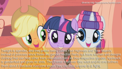 Size: 1280x720 | Tagged: safe, applejack, rarity, twilight sparkle, twilight sparkle (alicorn), alicorn, earth pony, pony, unicorn, diverse-mlp-headcanons, genderfluid, hat, headcanon, male to female, text, transgender, trio, vulgar, wat