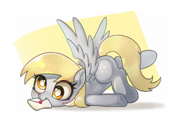Size: 1000x700 | Tagged: safe, artist:9seconds, derpy hooves, pegasus, pony, cute, derpabetes, derpy being derpy, face down ass up, female, hnnng, mail, mare, mouth hold, silly, silly pony, solo, spread wings, wings