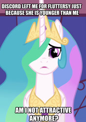 Size: 508x720 | Tagged: safe, screencap, discord, princess celestia, alicorn, pony, bronybait, discoshy, episode needed, female, image macro, implied dislestia, male, meme, sad, shipping, straight