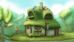 Size: 3840x2160 | Tagged: safe, artist:gem-magic, derpibooru import, fluttershy, rainbow dash, pegasus, pony, female, flutterdash, fluttershy's cottage, lesbian, scenery, shipping