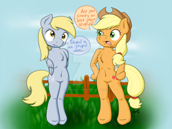 Size: 1024x768 | Tagged: safe, artist:roxenmaratoun, applejack, derpy hooves, earth pony, pegasus, pony, semi-anthro, arm behind back, belly button, bipedal, chest fluff, cowboy hat, cute, cutie mark, dialogue, forrest gump, hat, lip bite, quote, text bubbles, watermark