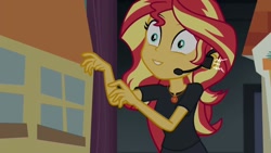 Size: 1280x720 | Tagged: safe, edit, edited screencap, screencap, sunset shimmer, better together, equestria girls, opening night, opening night: twilight sparkle, clothes, inverted mouth, pants