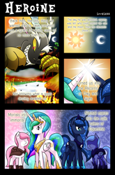 Size: 1500x2268 | Tagged: safe, artist:vavacung, discord, princess celestia, princess luna, bat pony, pony, comic:to love alicorn, bat pony luna, cewestia, cloak, clothes, comic, cutie mark, dialogue, filly, grin, pink-mane celestia, woona