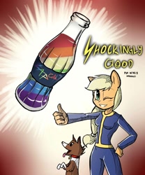 Size: 1500x1800 | Tagged: safe, artist:xonitum, applejack, winona, anthro, clothes, crossover, fallout, grin, jumpsuit, nuka cola, parody, pun, vault suit, wink, zap apple