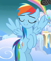 Size: 606x720 | Tagged: safe, derpibooru import, screencap, rainbow dash, pegasus, pony, school raze, cropped, eyes closed, female, mare, smiling, wings