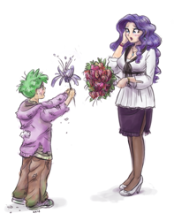 Size: 1007x1280 | Tagged: safe, artist:king-kakapo, rarity, spike, human, blushing, bouquet, clothes, female, flower, humanized, light skin, lipstick, male, pantyhose, shipping, simple background, sparity, straight, white background