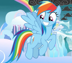 Size: 818x720 | Tagged: safe, derpibooru import, screencap, rainbow dash, pegasus, pony, school raze, adorkable, cloudsdale, cropped, cute, cutie mark, dashabetes, dork, female, mare, smiling, solo, wings