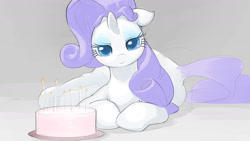 Size: 1280x720 | Tagged: safe, artist:bluedrg19, rarity, pony, unicorn, bedroom eyes, cake, explicit source, eyeshadow, female, floppy ears, food, lidded eyes, looking at you, makeup, mare, prone, smiling, solo