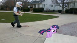 Size: 2592x1456 | Tagged: safe, artist:foxy-noxy, derpibooru import, edit, twilight sparkle, human, blank flank, brick, building, bush, concrete, derrick the oiler, filly, filly twilight sparkle, findlay, fire hydrant, grass, hat, irl, manhole, mascot, photo, ponies in real life, running, sidewalk, sign, sky, stairs, street, streetlight, tree, university, university of findlay, window