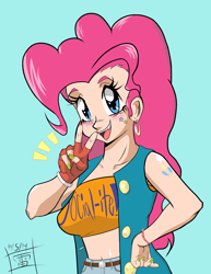 Size: 3564x4612 | Tagged: safe, artist:thethunderpony, pinkie pie, human, 90's fashion, absurd resolution, alternative cutie mark placement, belly button, belt, belt buckle, big breasts, bracelet, breasts, clothes, cutie mark, denim, earring, female, fingerless gloves, gloves, humanized, midriff, nail polish, sleeveless, smiling, solo, style emulation, vest