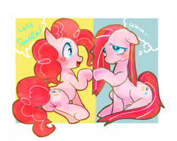 Size: 600x480 | Tagged: safe, artist:sibashen, pinkie pie, earth pony, pony, duality, pinkamena diane pie, pixiv, solo