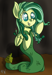 Size: 1440x2054 | Tagged: safe, artist:manfartwish, fluttershy, gorgon, medusa, monster pony, pegasus, pony, snake, female, forked tongue, medusashy, monster mare, solo, species swap