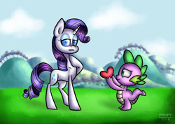 Size: 1280x904 | Tagged: safe, artist:pinipy, rarity, spike, dragon, pony, unicorn, female, heart, male, shipping, sparity, straight