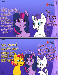 Size: 1280x1656 | Tagged: safe, artist:nichroniclesvsart, rarity, sunset shimmer, twilight sparkle, twilight sparkle (alicorn), alicorn, pony, unicorn, series:princess sciset, alternate hairstyle, comic, recording