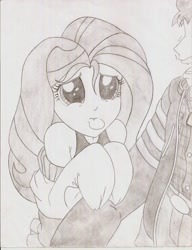 Size: 1700x2212 | Tagged: safe, artist:jmkplover, fluttershy, equestria girls, alternate costumes, clothes, grayscale, monochrome, off shoulder, off shoulder sweater, pouting, sweater, sweatershy, traditional art