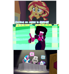 Size: 771x836 | Tagged: safe, edit, edited screencap, screencap, dj pon-3, octavia melody, sunset shimmer, vinyl scratch, better together, bloom and gloom, equestria girls, opening night, opening night: sunset shimmer, 10 out of 10, font issues, garnet (steven universe), meme, steven universe, text, unreadable text