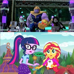 Size: 759x759 | Tagged: safe, edit, edited screencap, screencap, sci-twi, sunset shimmer, twilight sparkle, equestria girls, legend of everfree, black order, corvus glaive, ebony maw, lego, lego marvel superheroes 2, swearing, thanos, vulgar