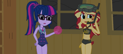 Size: 1600x706 | Tagged: safe, artist:thomaszoey3000, sci-twi, sunset shimmer, twilight sparkle, better together, equestria girls, clothes, swimsuit