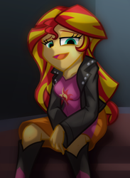 Size: 1900x2600 | Tagged: safe, artist:geraritydevillefort, sunset shimmer, equestria girls, boots, clothes, female, jacket, leather, leather jacket, shirt, shoes, sitting, skirt, smiling, solo