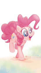 Size: 675x1200 | Tagged: safe, artist:1trick, pinkie pie, earth pony, pony, balancing, cute, open mouth, ponk, raised leg, smiling, solo