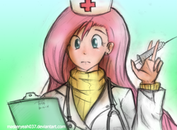 Size: 2019x1488 | Tagged: safe, artist:oyedraws, fluttershy, human, clothes, doctor, humanized, solo, sweatershy, syringe