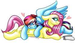 Size: 2000x1157 | Tagged: safe, artist:juliamity, derpibooru import, fluttershy, rainbow dash, pegasus, pony, blushing, book, female, floppy ears, flutterdash, heart, lesbian, looking at each other, lying down, mare, one eye closed, shipping, signature, simple background, spread wings, transparent background, wings