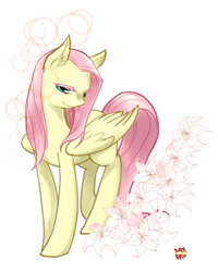 Size: 800x1000 | Tagged: safe, artist:norang94, fluttershy, pegasus, pony, ear fluff, flower, solo