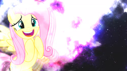 Size: 1920x1080 | Tagged: safe, artist:antylavx, artist:missbeigepony, fluttershy, pegasus, pony, cute, female, lens flare, mare, solo, space, vector, wallpaper