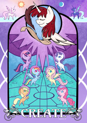 Size: 1280x1810 | Tagged: safe, artist:abbystarling, applejack, fluttershy, pinkie pie, princess celestia, princess luna, rainbow dash, rarity, twilight sparkle, oc, oc:fausticorn, alicorn, earth pony, pegasus, pony, unicorn, lauren faust, mane six, stained glass