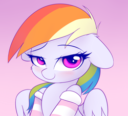 Size: 2300x2100 | Tagged: safe, artist:heavymetalbronyyeah, derpibooru import, rainbow dash, pegasus, pony, bedroom eyes, blushing, bust, clothes, cute, dashabetes, female, floppy ears, mare, smiling, socks, solo, striped socks