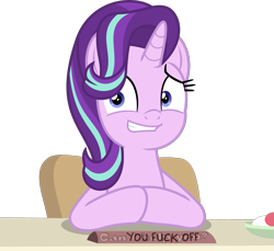 Size: 2649x2430 | Tagged: safe, artist:phucknuckl, starlight glimmer, pony, unicorn, student counsel, desk, grin, guidance counselor, nervous, nervous grin, simple background, sitting, smiling, solo, transparent background, vector, vulgar