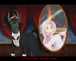 Size: 600x480 | Tagged: safe, artist:thepurpah, fluttershy, king sombra, pegasus, pony, undead, unicorn, vampire, vampony, clothes, dracula, dress, fake screencap, fangs, female, male, mirror, reference, shipping, sombrashy, straight, subtitles