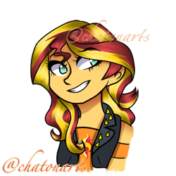Size: 768x768 | Tagged: safe, artist:lexidapotatoartist, sunset shimmer, better together, equestria girls, female, looking up, signature, simple background, smiling, solo, transparent background