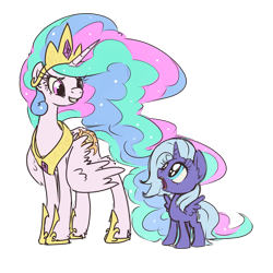 Size: 4000x4000 | Tagged: safe, artist:inlucidreverie, princess celestia, princess luna, alicorn, pony, alternate hairstyle, cute, eye contact, filly, grin, looking up, open mouth, pinklestia, simple background, sketch, smiling, spread wings, transparent background, wide eyes, woona, younger