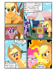 Size: 1745x2321 | Tagged: safe, artist:nayolfa, applejack, pinkie pie, twilight sparkle, earth pony, pony, apple cart, clean up on smile five, comic, duckface, hiding