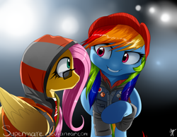 Size: 1268x984 | Tagged: safe, artist:supermare, derpibooru import, fluttershy, rainbow dash, pegasus, pony, beanie, clothes, crossover, delsin rowe, eugene sims, glasses, hat, hoodie, infamous, infamous second son, sunglasses