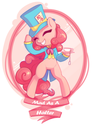 Size: 718x984 | Tagged: safe, artist:sambragg, pinkie pie, pony, alice in wonderland, bipedal, clothes, crossover, happy, hat, mad hatter, smiling, solo, tea, through the looking glass, top hat