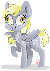 Size: 750x1072 | Tagged: safe, artist:fetepony, derpy hooves, pegasus, pony, explicit description, female, mare, raised hoof, simple background, smiling, solo, white background