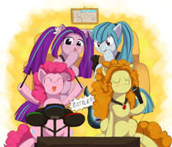 Size: 1400x1200 | Tagged: safe, artist:keterok, adagio dazzle, aria blaze, pinkie pie, sonata dusk, pony, equestria girls, rainbow rocks, equestria girls ponified, eyes closed, guitar hero, mount monument, mount rushmore, open mouth, picture, ponified, rhythm game, rock band, the dazzlings, video game