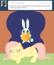 Size: 1067x1280 | Tagged: safe, angel bunny, fluttershy, pegasus, pony, ask, ask angel, book, reading, tumblr