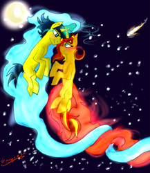 Size: 2305x2650 | Tagged: safe, artist:vennyriz22, comet tail, sunset shimmer, cometshimmer, couple, female, glowing horn, horn, levitation, magic, male, night, night sky, romantic, self-levitation, shipping, sky, straight, telekinesis